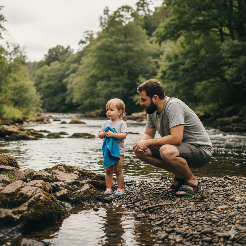 A peaceful Scottish river on a warm day, with visible gentle current flowing around rocks. A parent crouching near the water’s edge speaking calmly to a child before they enter. The child is wearing swim shoes and holding a small towel. The setting feels grounded and realistic — green trees, uneven rocky bank, natural UK scenery. The mood is thoughtful and cautious rather than adventurous.

