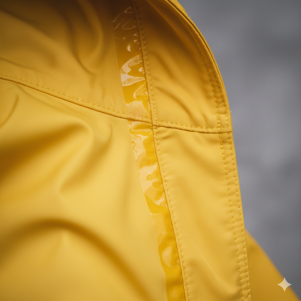yellow waterproof jacket seam, demonstrating breathability