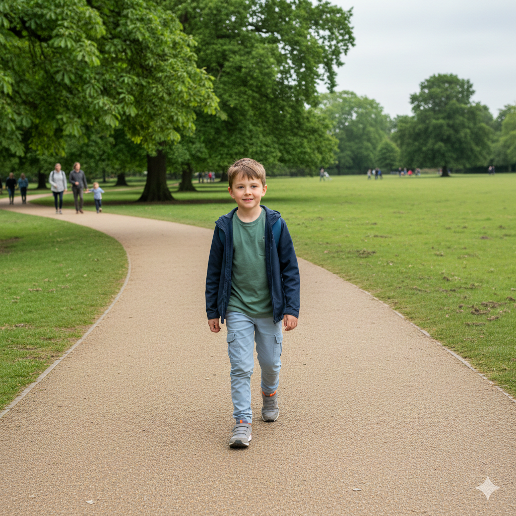 A primary school-age boy walks toward the camera on a wide, light-brown gravel path in a lush green UK park. He is wearing a green t-shirt, a navy blue open jacket, light blue cargo trousers, and grey trail trainers. In the background, other families walk along a winding path under large, leafy deciduous trees. The lighting is soft and overcast, characteristic of a mild British day.