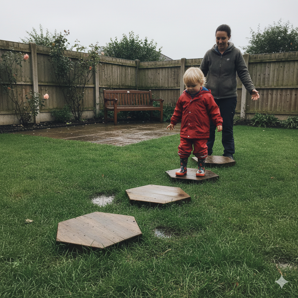 A typical medium-sized UK back garden with slightly uneven grass. A child carefully stepping across wooden balance stepping stones placed on damp grass while a parent stands nearby supervising. In the background, garden fence panels and small patio area visible. Overcast British weather, soft natural lighting. Realistic, practical setting — not glossy or staged. Emphasis on stability and safe spacing between equipment.

