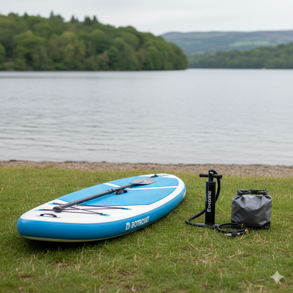 A close-up landscape photograph of an inflatable paddle board laid out on grass beside a UK lake shore. The board is fully inflated with a pump, paddle, leash, and dry bag placed neatly next to it. The water and tree-lined lake are visible in the background. The setting looks practical and ready for use, showing the equipment families bring for a paddle boarding trip.


