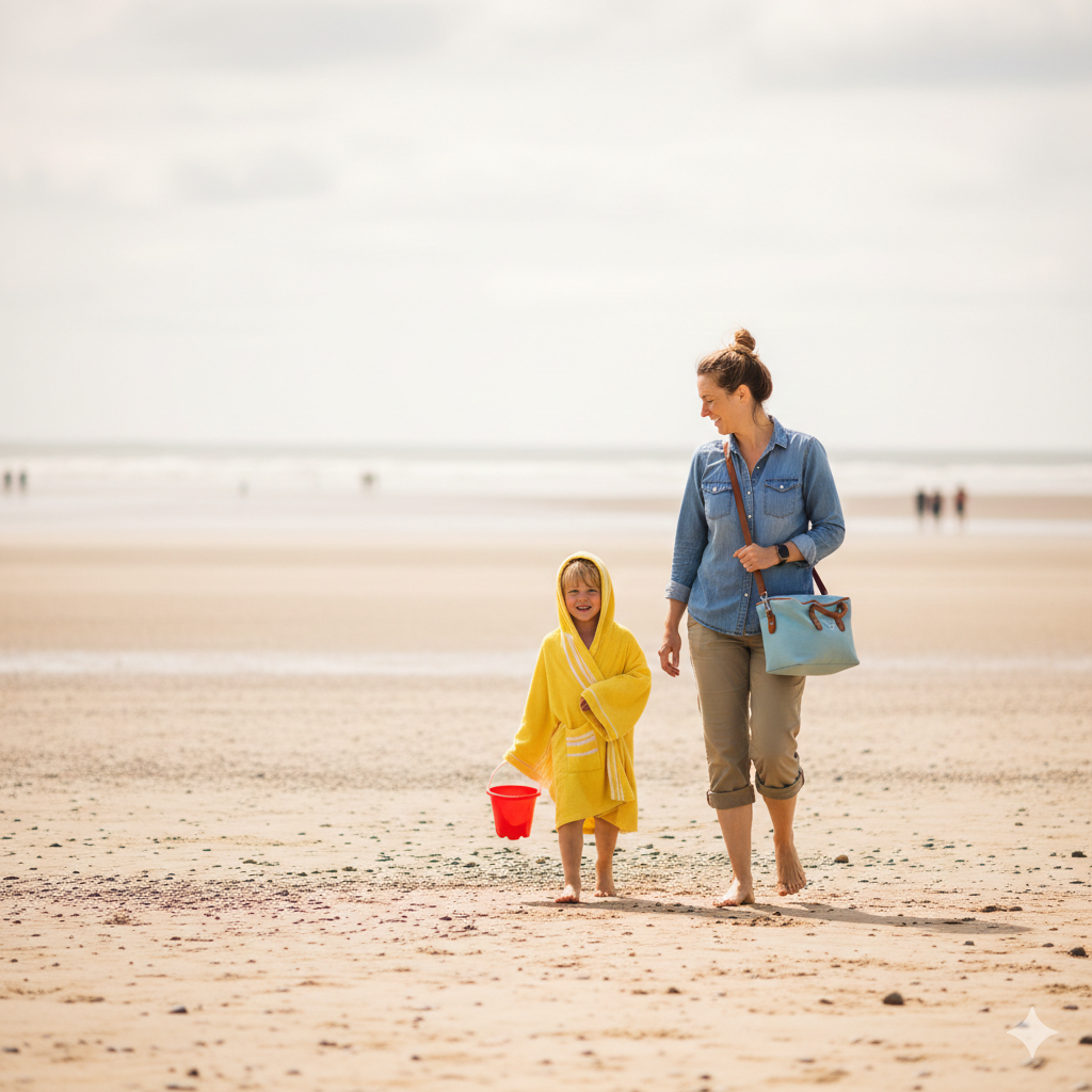 "A mother and young child walking along a wide, sandy UK beach. The child is wearing a bright yellow hooded towelling robe and carrying a small red bucket. The mother walks alongside carrying a simple blue shoulder bag. The vast shoreline and a hazy sky create a calm, minimalist family scene."