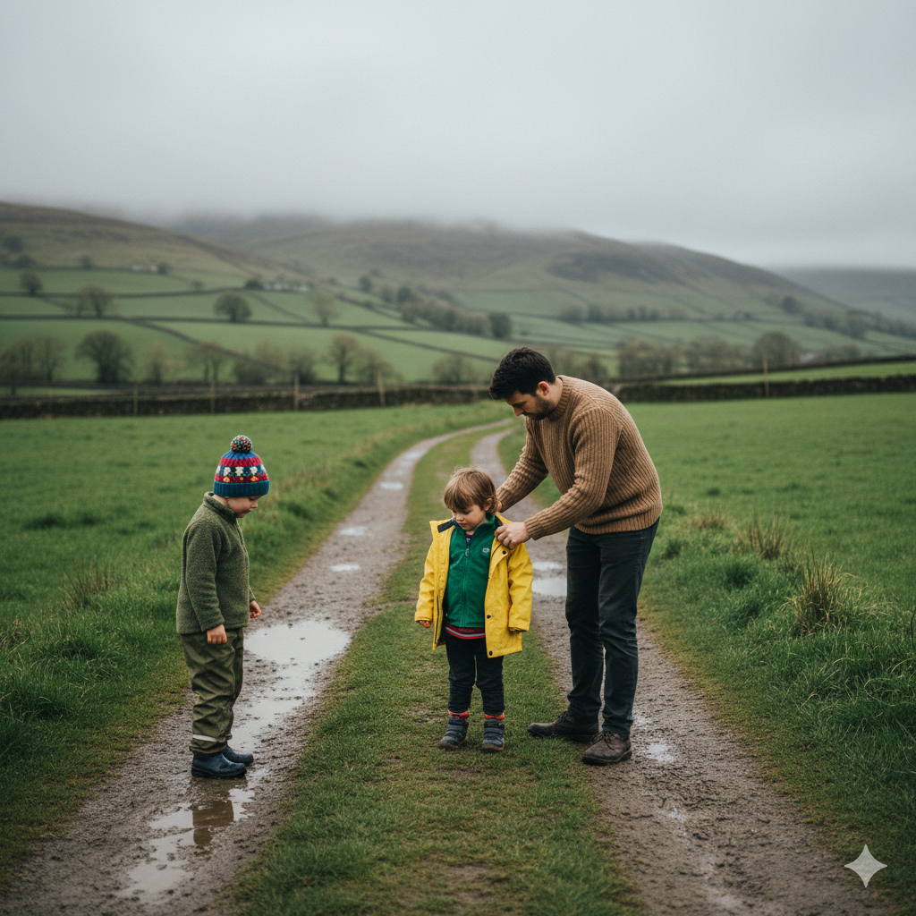 A countryside footpath in the UK with rolling green hills and cloudy skies. A parent helping a child put on a waterproof jacket over a jumper while standing on a muddy path. Another child nearby wearing a hat and layered clothing. The atmosphere feels calm and realistic, showing how families adjust clothing during changing weather rather than posing for a catalogue.

