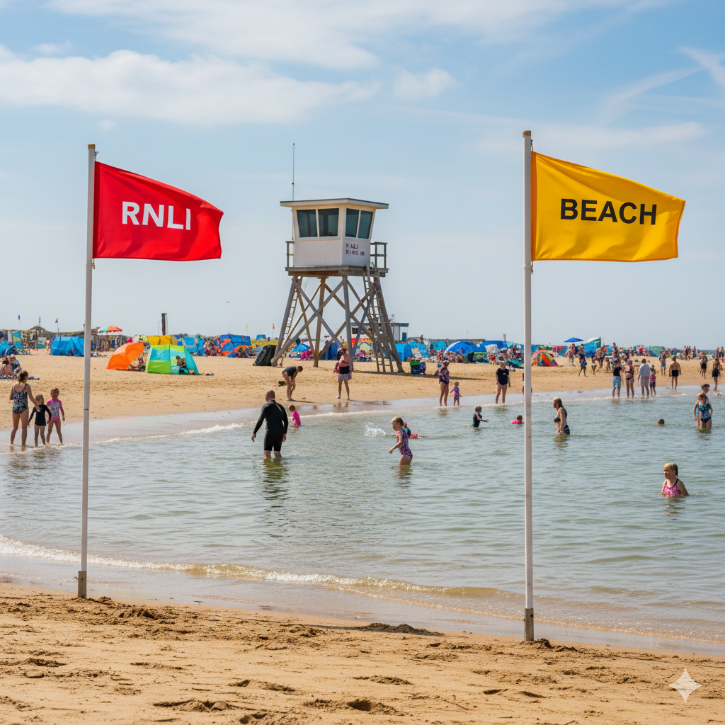 Close view of red and yellow lifeguard flags on a British beach with families swimming between them, RNLI tower in background, sunny but natural UK lighting.

