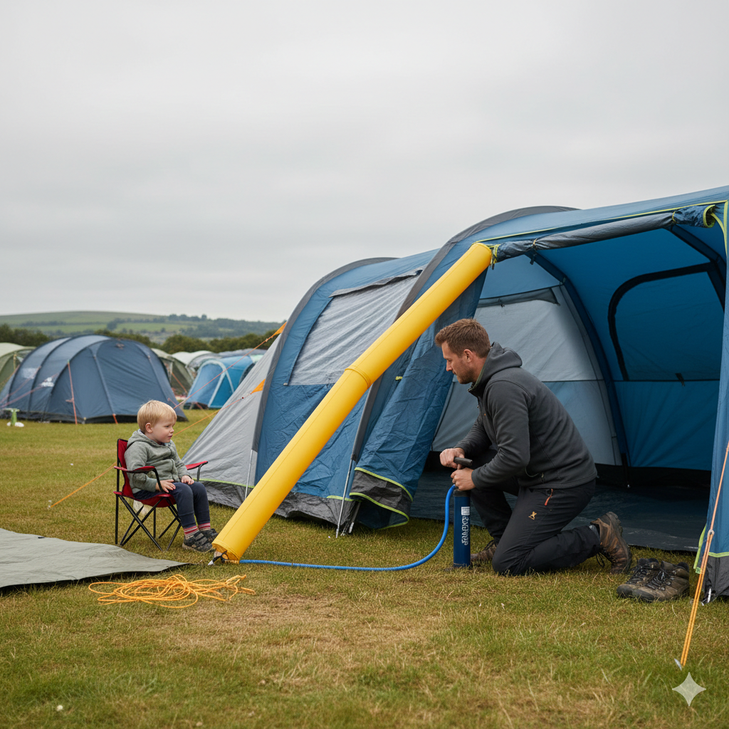 A close-to-mid shot of a parent using a manual pump to inflate an air tent beam at a UK campsite. The tent is partly standing as sections inflate. A child sits on a camping chair nearby watching. The sky is lightly cloudy, typical UK lighting. The grass is slightly worn from campsite use. The scene should feel practical and realistic, not influencer-style or luxury glamping. Landscape orientation, no text.

