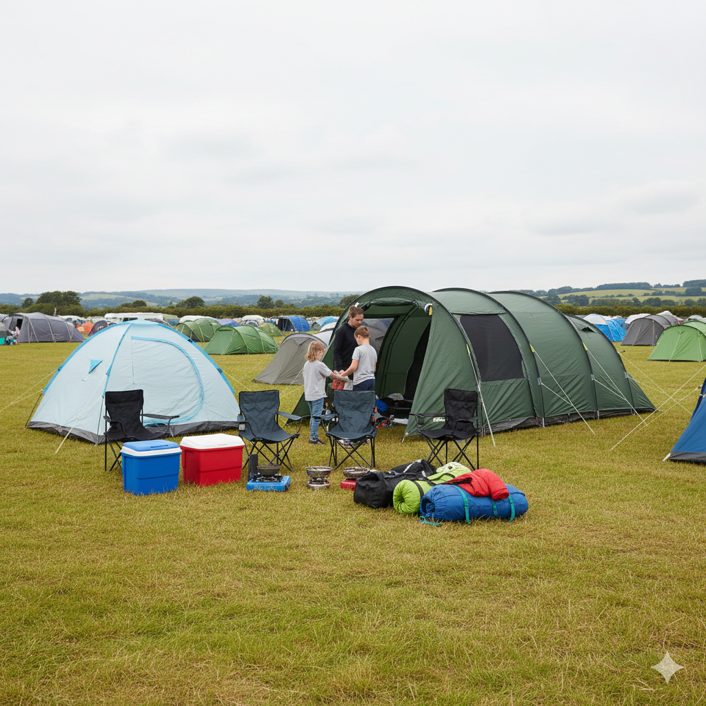 A realistic UK campsite scene showing two family tents set up side by side on flat grass under a slightly overcast sky. One tent looks simple and budget-friendly with lighter fabric and basic design. The other looks slightly larger and sturdier with darker bedroom sections and thicker-looking material. A family is unpacking near both tents — cool boxes, camping chairs, and sleeping bags visible. The scene feels practical and relatable, not glamorous or luxury glamping. Other tents are visible in the background. Natural UK lighting, landscape orientation, no text overlay.

