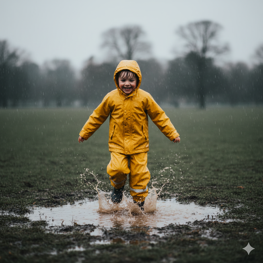 kid jumping in puddles at the park with full waterproof layer on