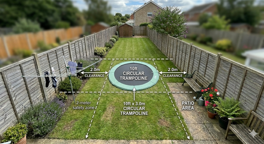 An overhead instructional view of a long, narrow UK garden showing the spatial efficiency of different trampoline shapes. The image includes labels for a 2-meter safety clearance zone between the trampoline and garden features like a rotary washing line, wooden fences, and a patio area. The graphic demonstrates how a rectangular trampoline fits lengthwise to preserve lawn space compared to a circular model.