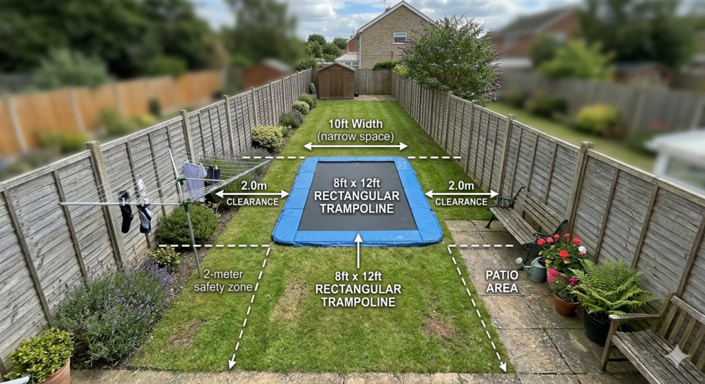 An overhead instructional view of a long, narrow UK garden showing the spatial efficiency of different trampoline shapes. The image includes labels for a 2-meter safety clearance zone between the trampoline and garden features like a rotary washing line, wooden fences, and a patio area. The graphic demonstrates how a rectangular trampoline fits lengthwise to preserve lawn space compared to a circular model.