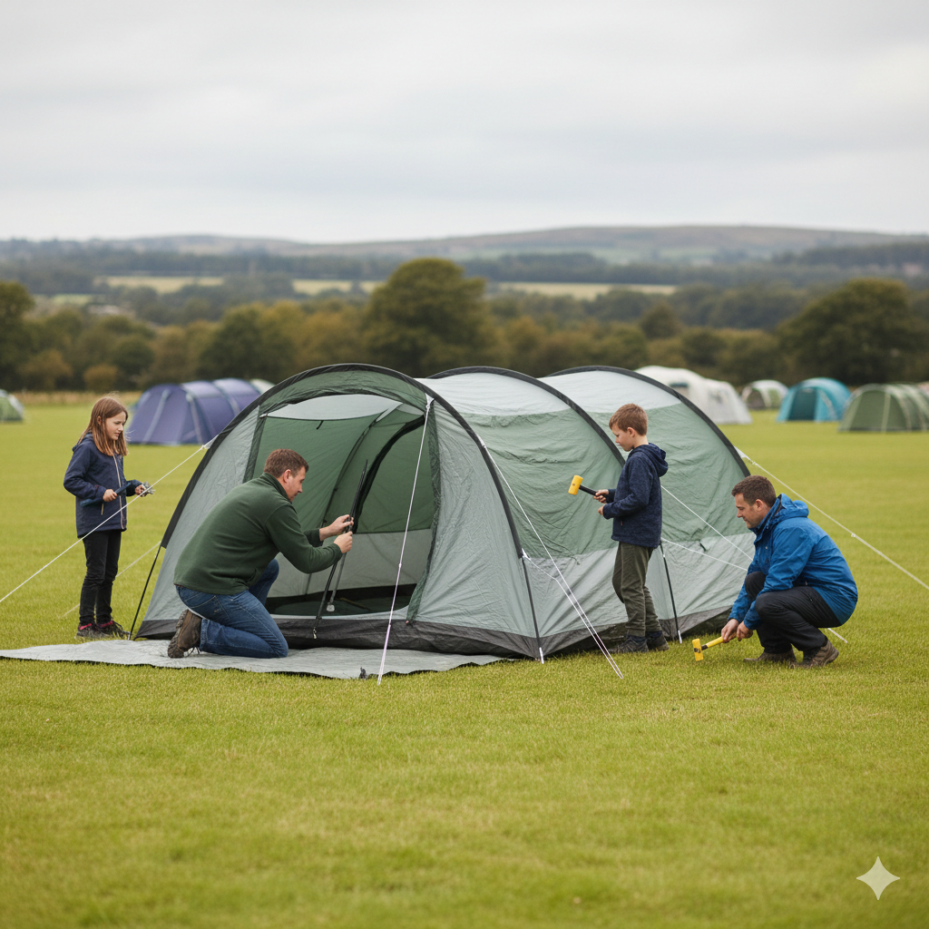 A realistic UK campsite scene on a slightly overcast afternoon. A family of four setting up a medium-sized tunnel tent on flat grass. One adult is clipping poles into place while another secures pegs. Two children stand nearby holding a mallet and pegs, helping casually. The tent is halfway up, showing the structure taking shape. Surroundings include other family tents in the background, soft natural light, and typical British greenery. The mood should feel calm and achievable, not staged or glamorous. Landscape orientation, no text overlay.

