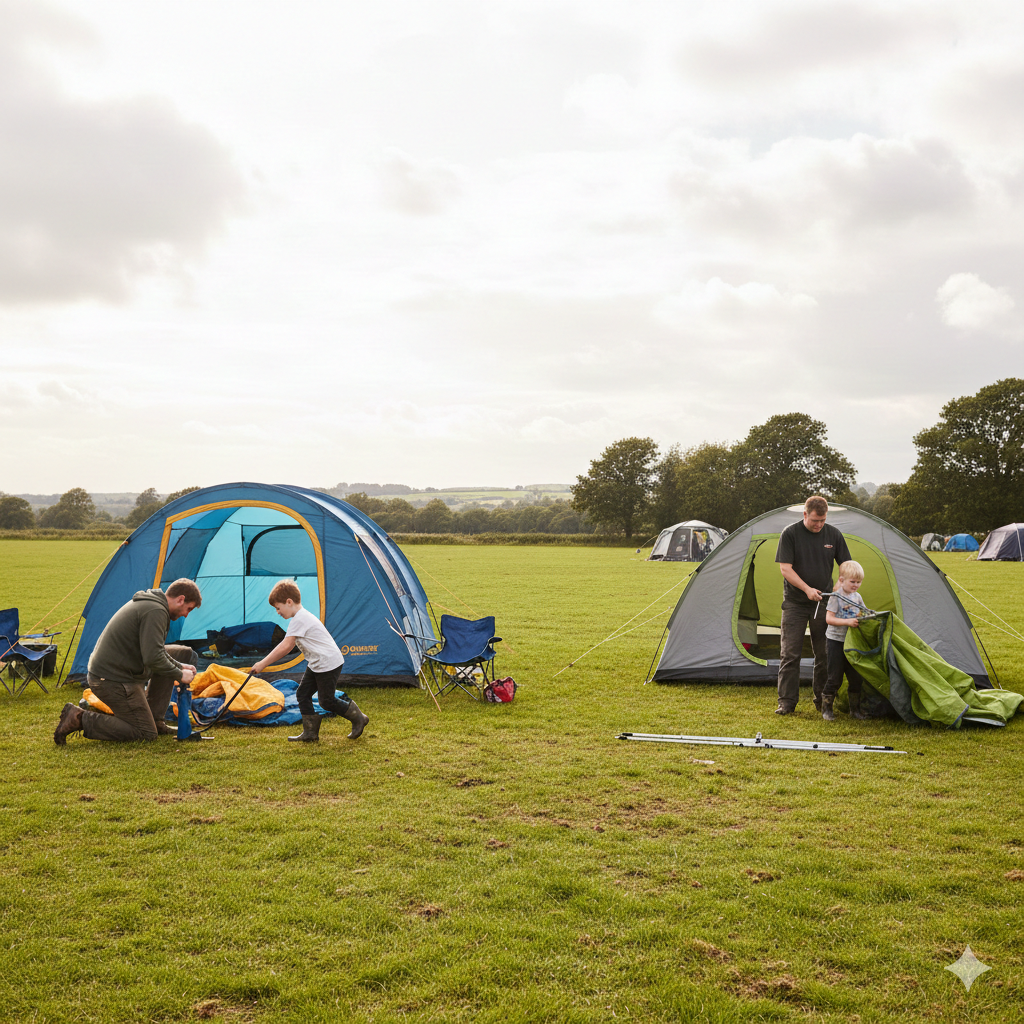 A close, detailed shot at a UK campsite focusing on hands working on tent setup. One set of hands is inserting traditional poles into sleeves; another set is connecting an inflation hose to an air beam. Around them are common family camping items — wellies, a rolled-up sleeping mat, a groundsheet. Slight cloudy light typical of the UK. The focus is on the contrast between the two methods, captured in a realistic, non-advert style. Landscape orientation, no text overlay.