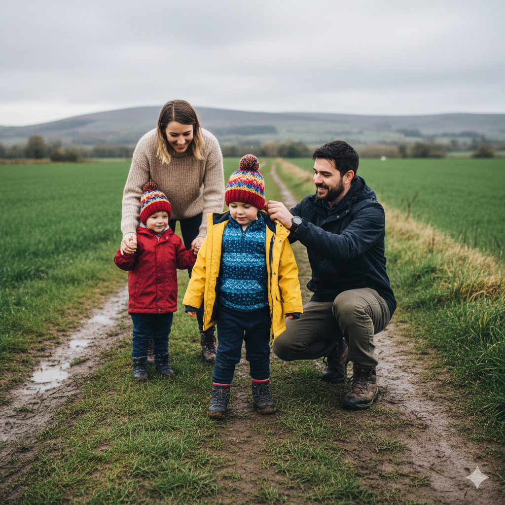 A family standing on a muddy countryside path with fields in the background. A parent helping a child put on a hat and zip up a waterproof jacket over a thermal layer. The child is wearing warm leggings and boots. Overcast sky, cool lighting, calm and realistic atmosphere showing preparation for outdoor activity in cold UK weather.

