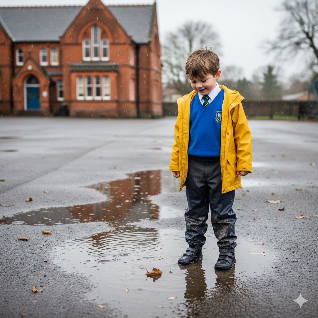 A primary school-aged child standing on a wet UK playground wearing waterproof overtrousers over school uniform trousers and black school shoes, light drizzle falling, grey sky, puddles on tarmac, school building slightly blurred in background, natural candid style, no logos, realistic UK setting.


