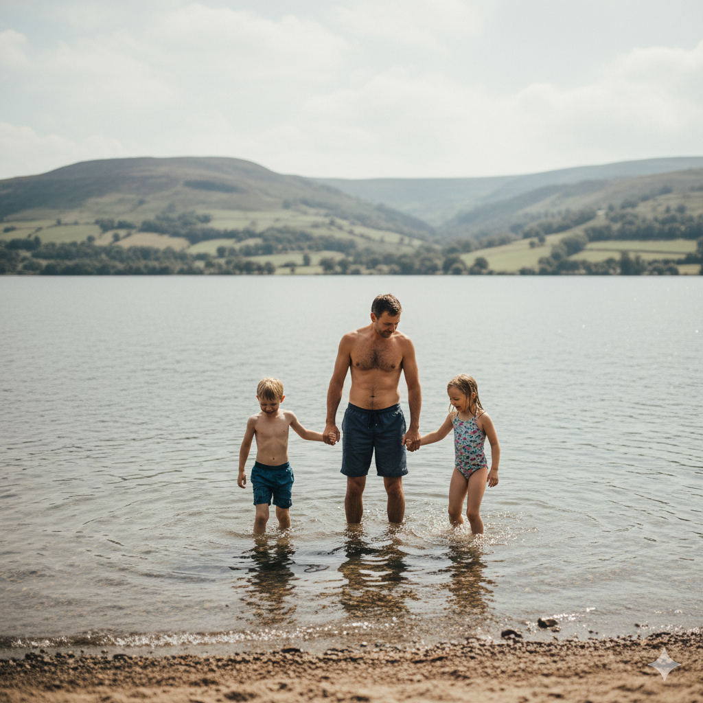 A realistic UK summer scene at a calm lake with gentle hills in the background. Two children wading slowly into shallow water while a parent stands waist-deep nearby, watching attentively. Natural light, slightly overcast but bright sky. Clear shoreline entry point with small stones visible under the water. The atmosphere feels relaxed, safe and supervised — not posed or dramatic.

