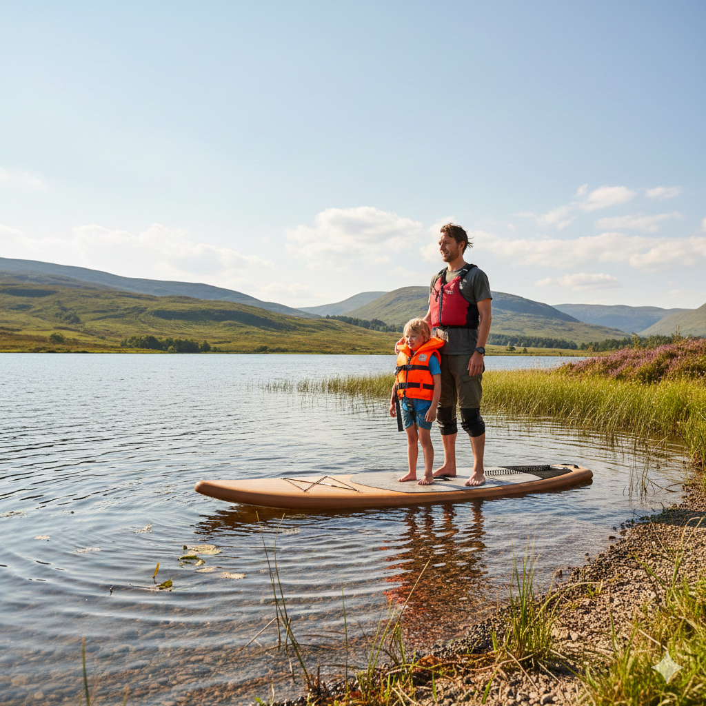A realistic Scottish loch scene on a bright summer day. A parent and child standing on a stable paddle board close to shore. The child is wearing a bright orange buoyancy aid, properly fitted and secured. Calm water with gentle ripples, rolling green hills in the background. Natural lighting, slightly breezy but peaceful atmosphere. Focus on the secure fit of the life jacket and relaxed family setting.


