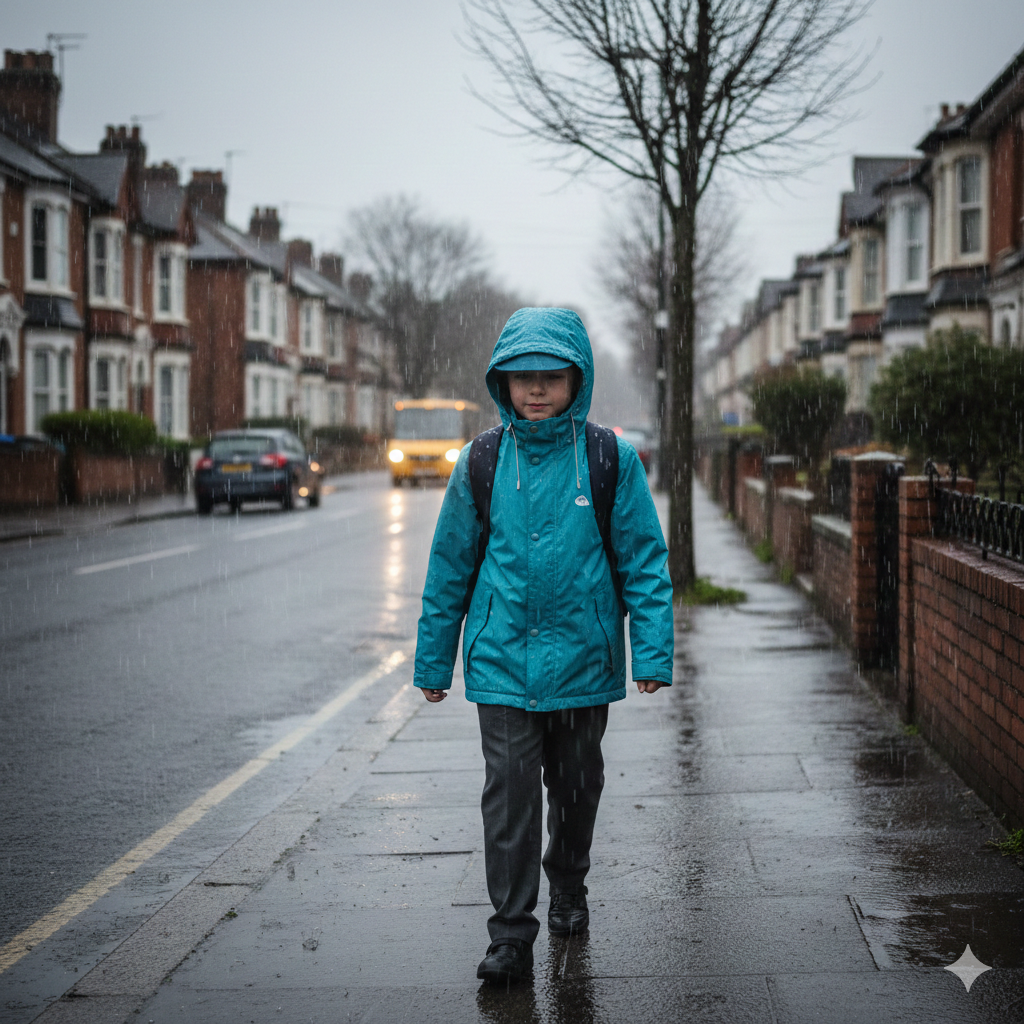 Child wearing a budget waterproof jacket in UK rain during school run.