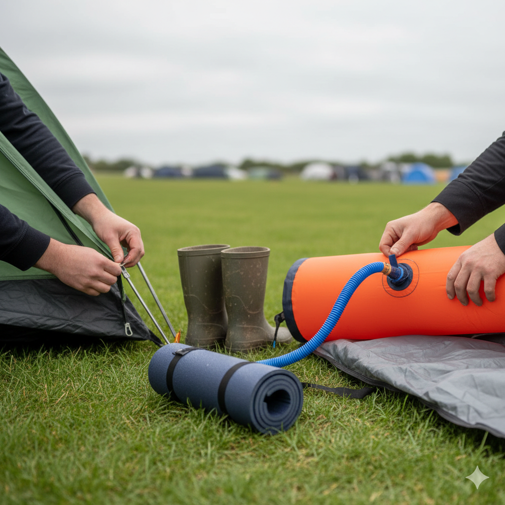 A close, detailed shot at a UK campsite focusing on hands working on tent setup. One set of hands is inserting traditional poles into sleeves; another set is connecting an inflation hose to an air beam. Around them are common family camping items — wellies, a rolled-up sleeping mat, a groundsheet. Slight cloudy light typical of the UK. The focus is on the contrast between the two methods, captured in a realistic, non-advert style. Landscape orientation, no text overlay.

