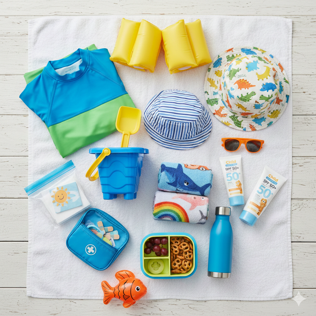 A top-down flat lay of children's beach essentials neatly arranged on a white towel over a white wooden floor. Items include a blue and green rash guard, a striped sun hat, a dinosaur-print hat, orange sunglasses, two tubes of SPF 50 sunscreen, a blue water bottle, a blue bucket and spade, yellow armbands, a small first-aid kit, and a bento-style snack box with grapes and pretzels.