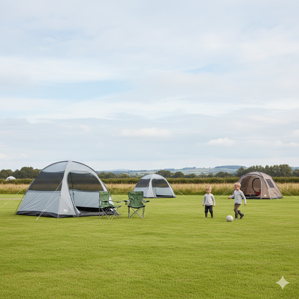 A realistic UK campsite scene showing a well-spaced, flat grass pitch with a medium-sized family tent set up neatly. A couple of camping chairs outside, children playing nearby on open grass, and visible space between neighbouring tents. Slightly cloudy sky, soft natural light. The site should look organised, calm, and family-friendly — not crowded and not luxury glamping. The mood should feel relaxed and practical. Landscape orientation, no text.

