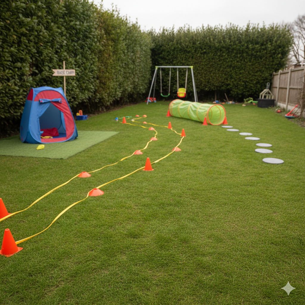 A slightly closer shot focusing on the obstacle path — cones in a zig-zag, stepping stones on grass, and a play tunnel — with the pop-up tent visible in the background as the finish point. The scene feels organised but playful, like kids have been using it. No people in the image, just the setup ready for action.

