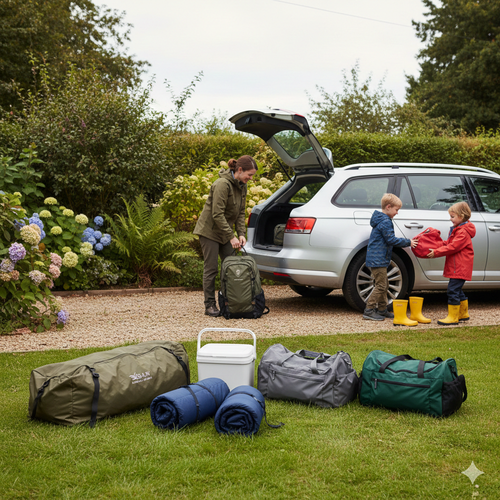 A realistic UK garden or driveway scene on a slightly overcast day. A family packing for a one-night camping trip. A medium-sized family tent bag, a couple of sleeping bags, a small cool box, and two neatly packed duffel bags placed on grass beside a car with the boot open. No clutter, no huge piles of gear — it should look manageable and organised. A pair of children’s wellies and a waterproof jacket are visible. Natural colours, not staged, not influencer-style. Landscape orientation, no text on image.

