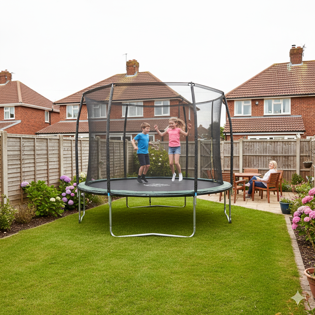A realistic UK suburban garden with a large round trampoline with full safety enclosure on green grass. Two school-age children bouncing safely inside while a parent watches from nearby garden seating. Wooden fence, shrubs, and typical British houses in the background. Bright overcast daylight, natural colours, tidy lawn, safe placement with clear space around the trampoline. Photographic style, high detail, landscape orientation, 3:2 ratio.

