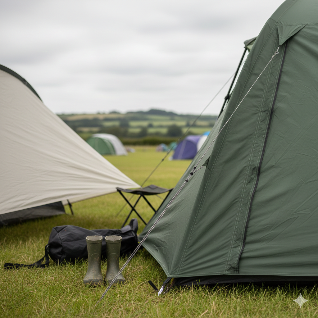 A close, detailed shot at a UK campsite comparing tent materials. One side shows a thinner flysheet fabric slightly moving in a breeze, while the other shows a thicker, darker tent fabric with reinforced seams and sturdy guy lines. In the foreground, children’s wellies and a folded camping chair are visible, suggesting real family use. The sky is lightly cloudy, typical British weather. The mood is practical and everyday, not promotional or staged. Landscape orientation, no text.

