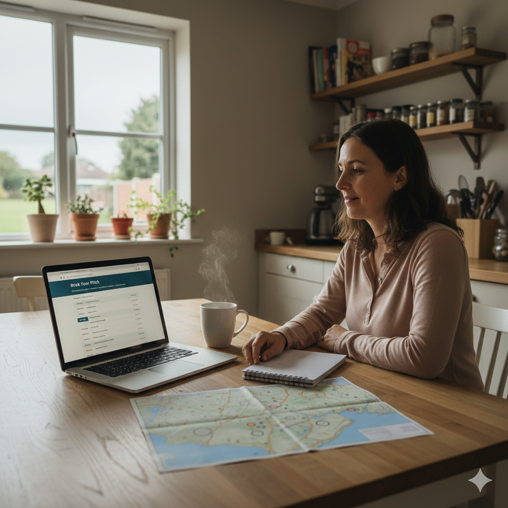 A realistic UK home setting in soft natural daylight. A parent sitting at a kitchen table with a laptop open, looking at a campsite booking page. On the table are a notebook, a mug of tea, and a printed campsite map. Through the window it looks slightly overcast, typical UK light. The scene should feel calm and relatable — not staged or influencer-style. No visible brand logos. Natural colours. Landscape orientation. No text overlay.

