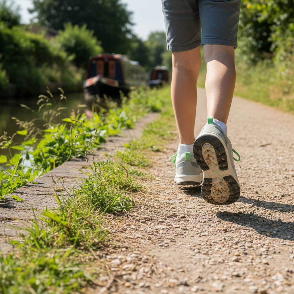 Child wearing lightweight trail trainers walking on a dry UK canal path in summer