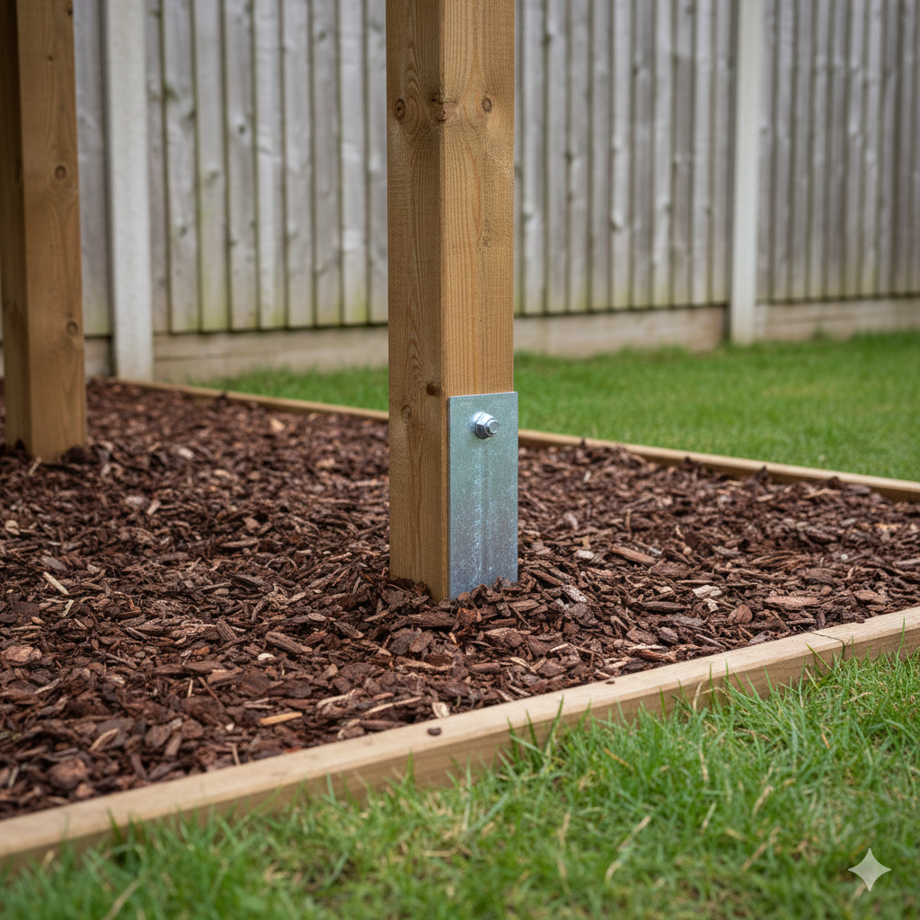 Close-up view of a pressure-treated timber climbing frame leg secured with a ground anchor in a typical UK garden. The ground is levelled with bark surfacing around it. Slightly damp grass visible beyond the safety zone. Overcast lighting, realistic British garden fencing in background. Calm, practical atmosphere — not a showroom image.

