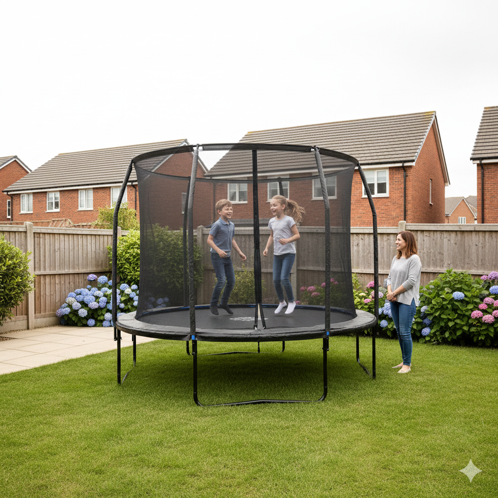 A realistic UK garden scene showing a parent standing close to a large enclosed trampoline while two school-age children bounce inside. The trampoline is placed safely on grass with clear space around it, away from fences and hard surfaces. Typical British suburban garden with wooden fencing, shrubs, and neighbouring houses visible. Bright but slightly overcast daylight, natural colours, tidy lawn, calm and reassuring atmosphere, photographic style, high detail, landscape orientation, 3:2 ratio.

