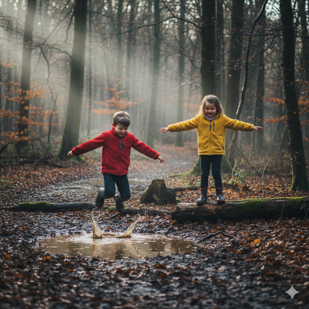 A lively woodland setting in autumn or winter with fallen leaves, muddy paths and filtered light through bare trees. Two children wearing colourful fleece jackets are jumping across puddles and stepping on logs, smiling and actively exploring. The fleeces look practical and comfortable, slightly damp from mist or drizzle but still bright and cosy, emphasising durability and real outdoor play rather than posed photography.

