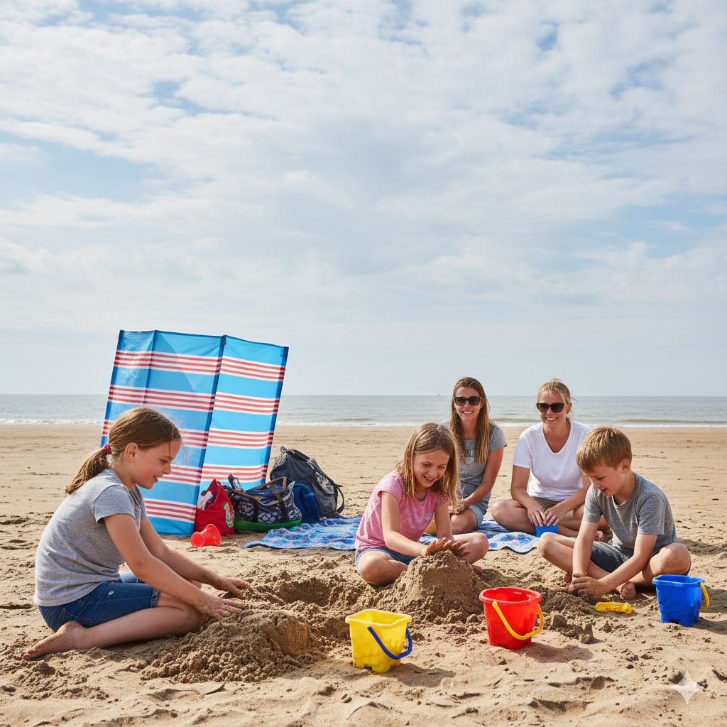 Family with primary-school children playing near the shoreline at a UK sandy beach, windbreak set up behind them, buckets and spades in sand, partly cloudy British summer sky, natural candid style.

