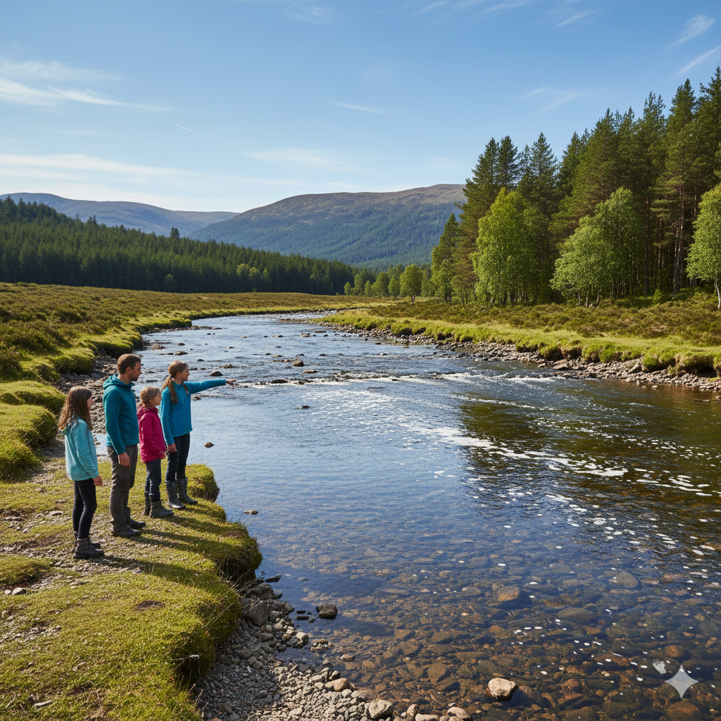A wide landscape photograph of a Scottish Highland river on a bright summer day. Clear flowing water with visible current movement around rocks. Forested hills in the background. A family standing near the riverbank observing the water level, not swimming. Natural lighting, realistic UK scenery, calm but slightly powerful water movement.

