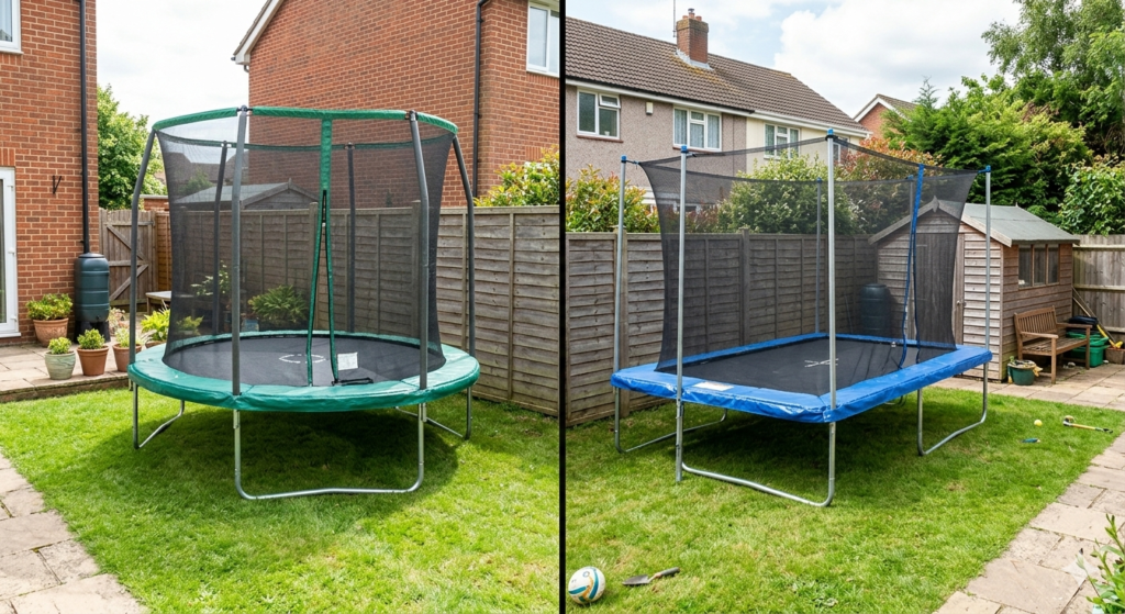 A split-scene image showing two trampolines in a typical UK garden: a round trampoline on one side and a rectangular trampoline on the other. Both have safety nets and sit on green grass with wooden fencing, a small shed, and patio visible. Lighting is bright and realistic, showing scale clearly. The garden should feel like a normal British suburban home, not oversized or luxury.

