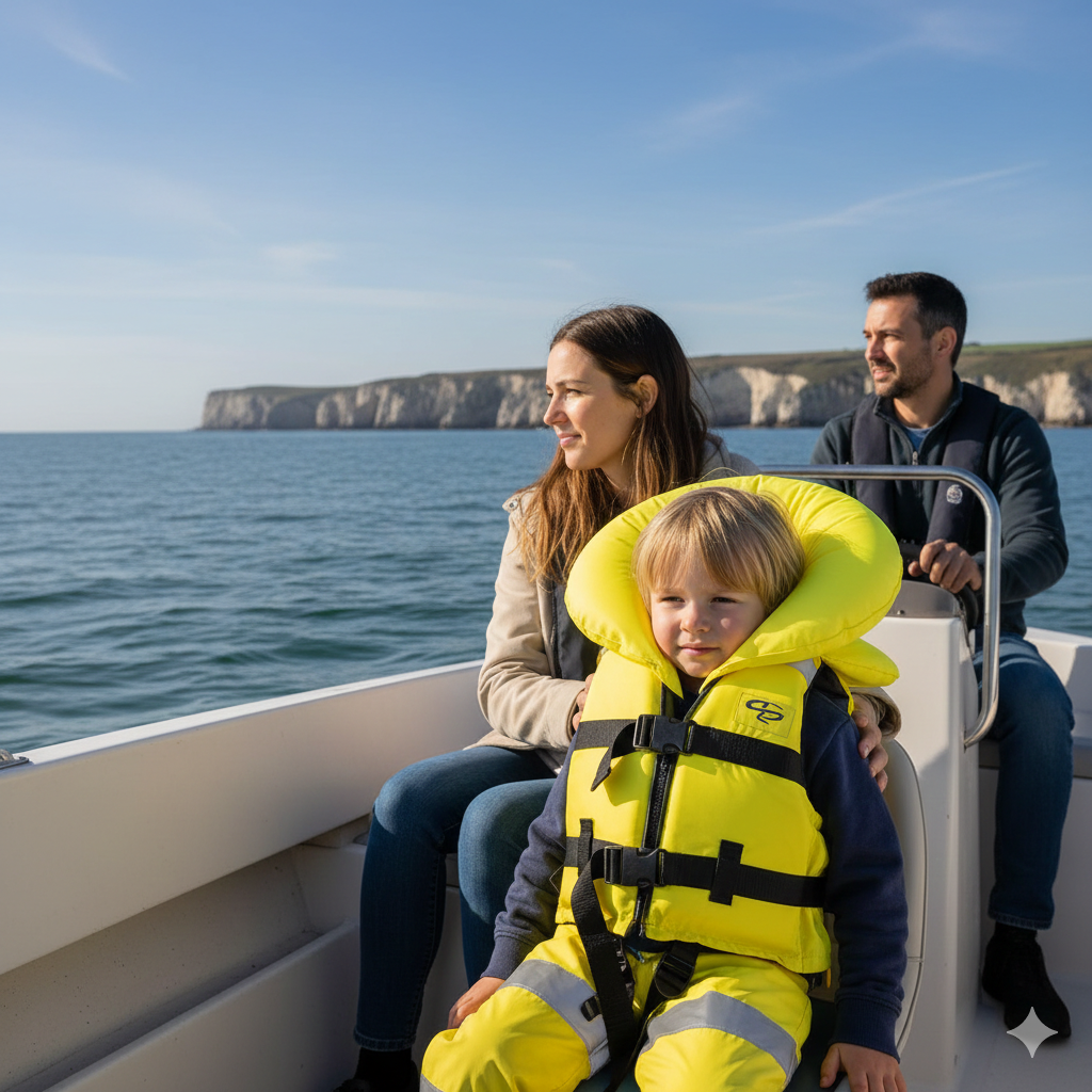 A family on a small motorboat near the UK coastline under clear skies. A child sitting safely inside the boat wearing a high-visibility life jacket with head collar support. Calm sea conditions with distant cliffs visible in the background. The life jacket straps and bright colour are clearly visible. The mood feels responsible and relaxed — not dramatic — highlighting safe boating practice with children.

