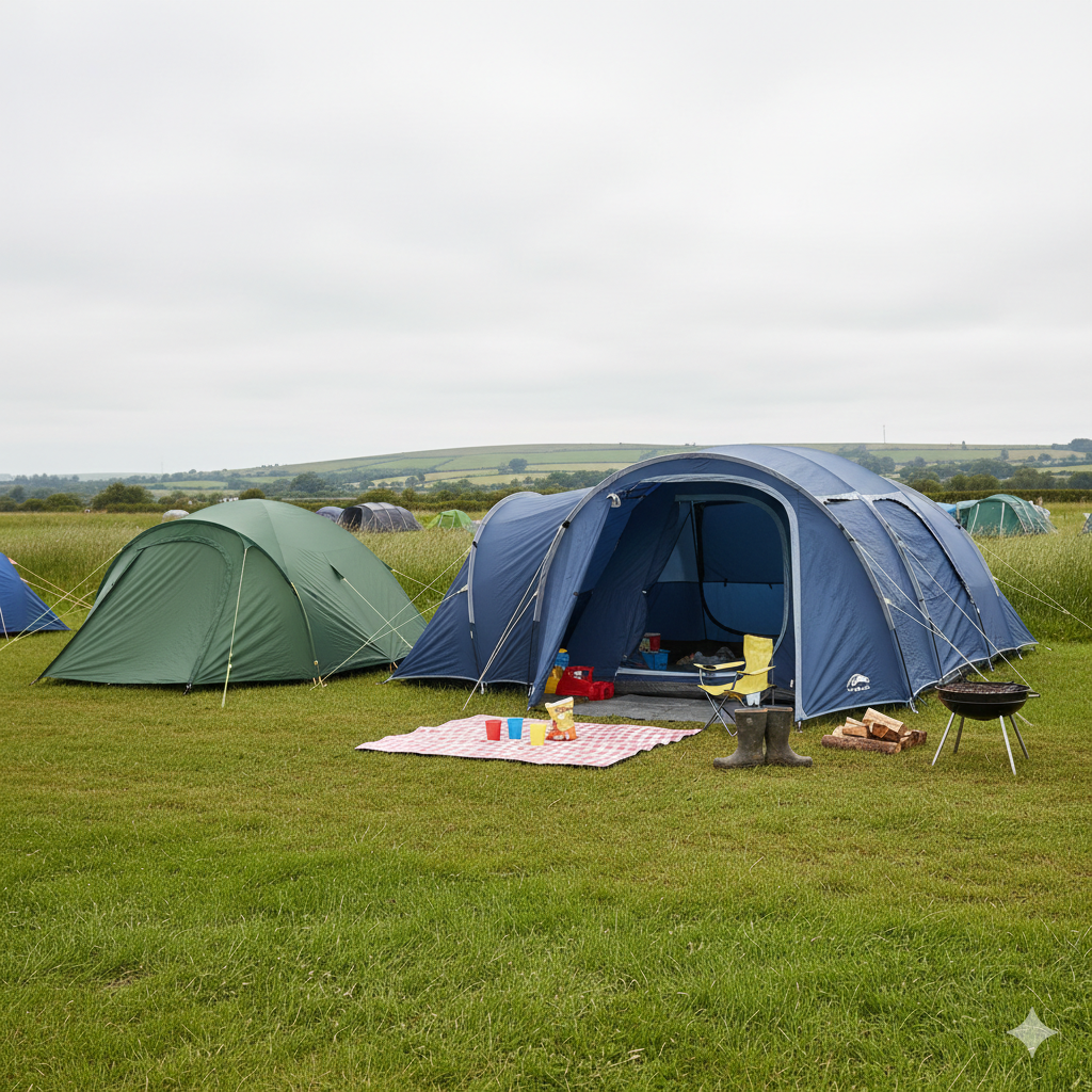 A realistic UK campsite scene showing two family tents side by side on grass. One is a standard 4-person dome tent looking quite compact, and next to it is a larger 6-person family tunnel tent with a small porch area. Subtle signs of real family use — a folded camping chair, a pair of children’s wellies by the entrance, a picnic blanket on the grass. Overcast UK daylight, natural colours, not staged, no text on image, landscape orientation. The scene should feel authentic and relatable to UK parents.

