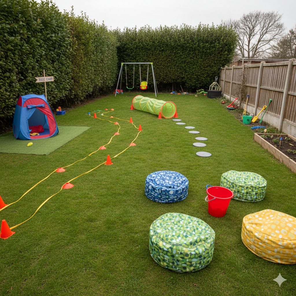 A landscape photo of a tidy UK back garden arranged into simple play zones. You can see a pop-up play tent in one corner (base camp), a line of cones or markers creating a running path across the grass, stepping stones spaced out for balance, and a play tunnel positioned as part of the route. A few bean bags and a bucket are visible as a target station. The garden looks realistic and family-friendly, with hedges, a fence, and soft overcast daylight.

