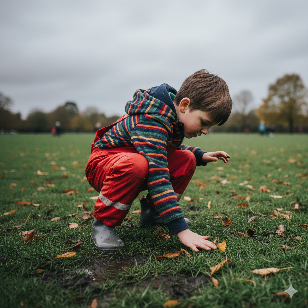 A child crouching on damp grass in a park while wearing bright waterproof overtrousers over casual clothes, hands touching the ground as if examining something, muddy patches nearby, autumn leaves scattered, overcast UK weather, natural colours, documentary-style photo, no branding.

