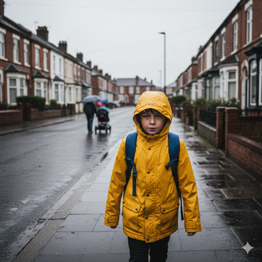 uk kid walking to school with yellow waterproof jacket on 