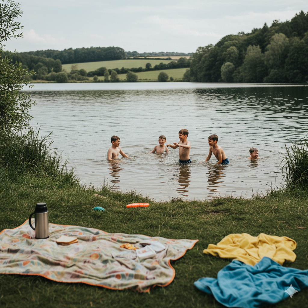 Older children swimming and playing at a calm freshwater lake in the UK, grassy shoreline, trees and countryside in background, picnic blanket nearby, relaxed peaceful atmosphere, sunny but soft natural lighting.

