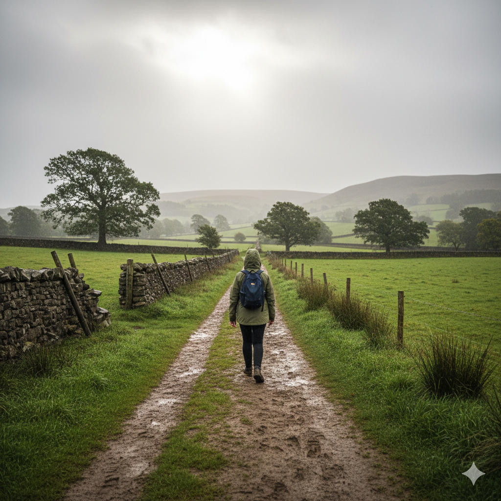 A calm countryside path in the UK with green fields and low rolling hills under grey skies. An adult wearing a lightweight waterproof jacket walking along a muddy footpath with a small backpack. Light rain or mist visible in the air. The jacket looks functional and comfortable rather than bulky, demonstrating suitability for dog walks, family outings or casual hikes.

