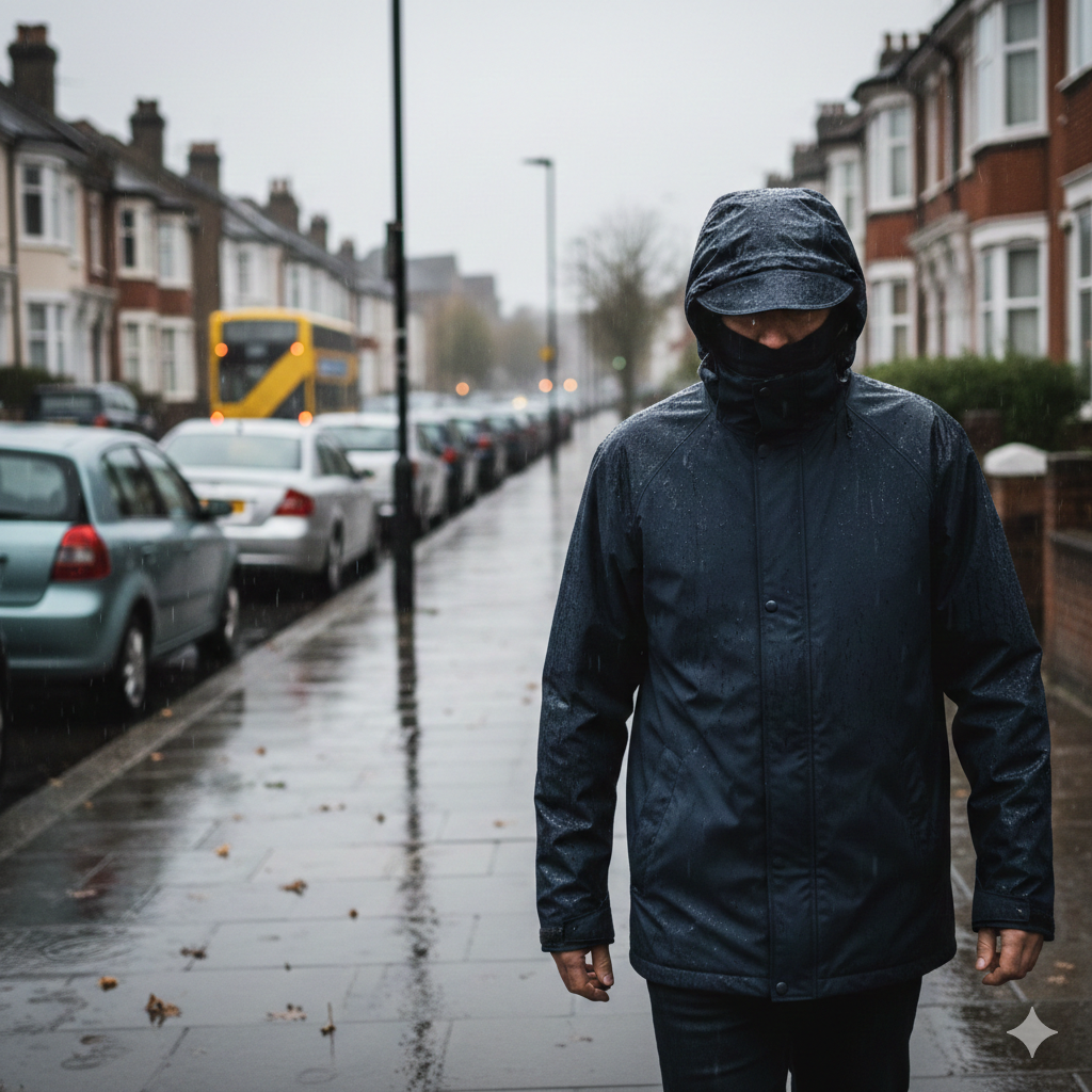 A realistic UK street scene on a rainy day. An adult wearing a simple dark waterproof jacket walking along a pavement with a light drizzle falling. Wet pavement reflecting light, parked cars and brick houses in the background. The hood is up and the jacket looks practical rather than technical. Natural lighting, overcast sky, everyday atmosphere showing real-life use of a budget waterproof coat.

