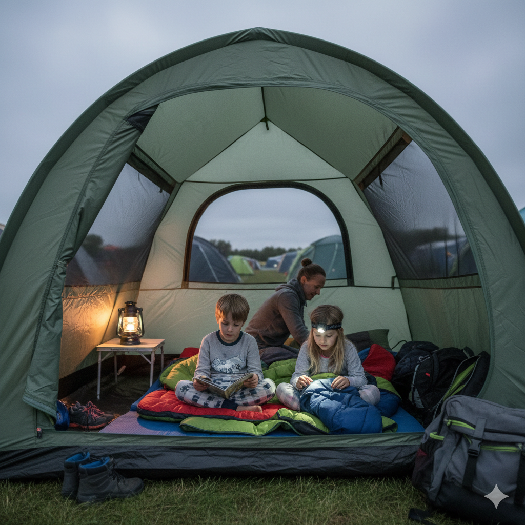 Inside a spacious family tent during early evening in the UK. Soft natural light filtering through tent fabric. Two children in pyjamas sitting on sleeping bags, one holding a small book, the other using a child-sized head torch. A parent adjusting bedding in the background. A rechargeable lantern provides warm ambient light. The tent interior looks organised but lived-in — shoes neatly in the porch area, bags tucked to the side. Calm, cosy atmosphere. Slightly overcast daylight fading outside. Realistic, not staged. Landscape orientation, no text.

