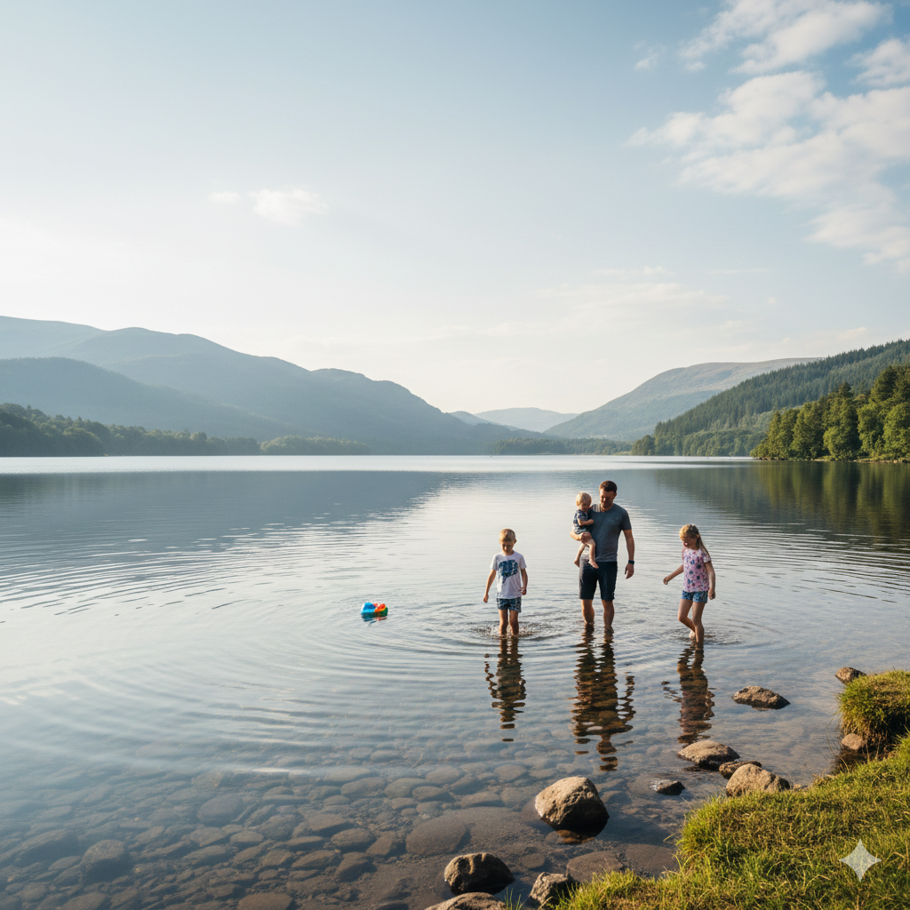 A peaceful Scottish loch on a warm summer afternoon. Still water reflecting hills and blue sky. Shallow shoreline with smooth stones visible beneath clear water. A family paddling safely near the edge. Relaxed atmosphere, soft natural light, family-friendly and safe setting.

