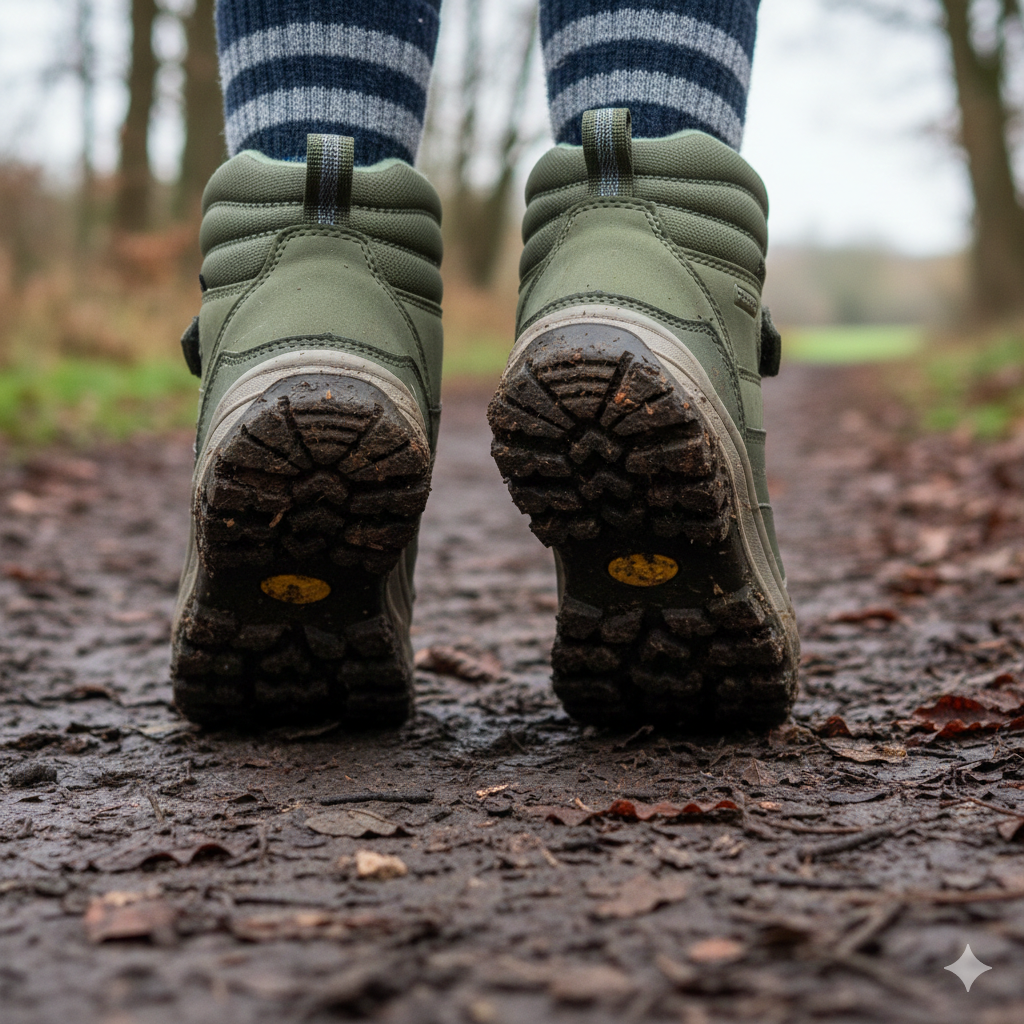 Close-up of children’s walking boots with deep tread gripping muddy woodland trail