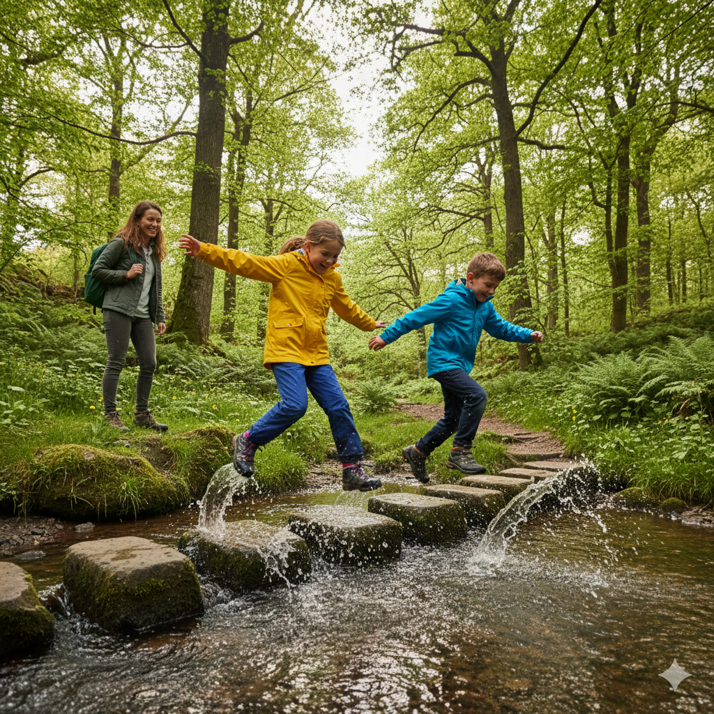 Two children joyfully jumping across stepping stones over a shallow stream on a woodland trail, splashing water as they land. A parent stands nearby smiling, holding a backpack. Surroundings include lush green trees, mossy rocks, and dappled sunlight breaking through clouds — vibrant, energetic, and playful UK forest setting.

