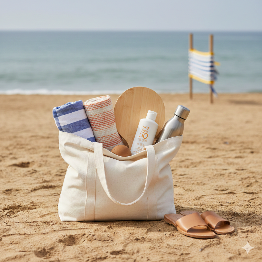 "A cream-colored canvas tote bag sitting on a sandy beach, packed neatly with two rolled Turkish towels, a bottle of SPF 50 sunscreen, a wooden beach bat, and a stainless steel water bottle. A pair of tan leather sandals rests on the sand nearby with a soft-focus blue ocean and a striped windbreak in the background."