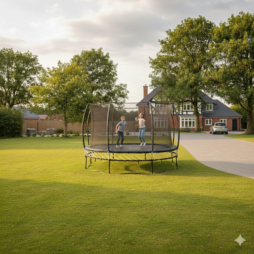 A high-angle, wide shot of a large, lush green garden in the UK during a soft, overcast afternoon. In the center of the lawn, two children are jumping inside a large 14-ft round trampoline with a black safety net enclosure. To the right, a grey monoblock driveway curves toward a large, traditional two-story brick house with white-framed windows and a dark grey tiled roof. A silver car is parked on the driveway. The background features mature green trees and a wooden fence, giving the garden a private, spacious, and realistic suburban feel.