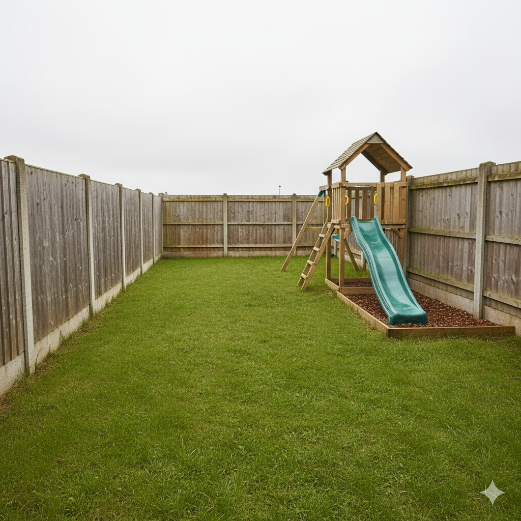 A realistic small UK suburban back garden with wooden fence panels and slightly damp grass. A compact wooden climbing frame with slide is positioned neatly in one corner, leaving usable lawn space. The garden looks around 6–8 metres deep. Overcast British sky, natural lighting, tidy but not staged. No branding or logos. Emphasis on how the climbing frame fits comfortably without dominating the garden.

